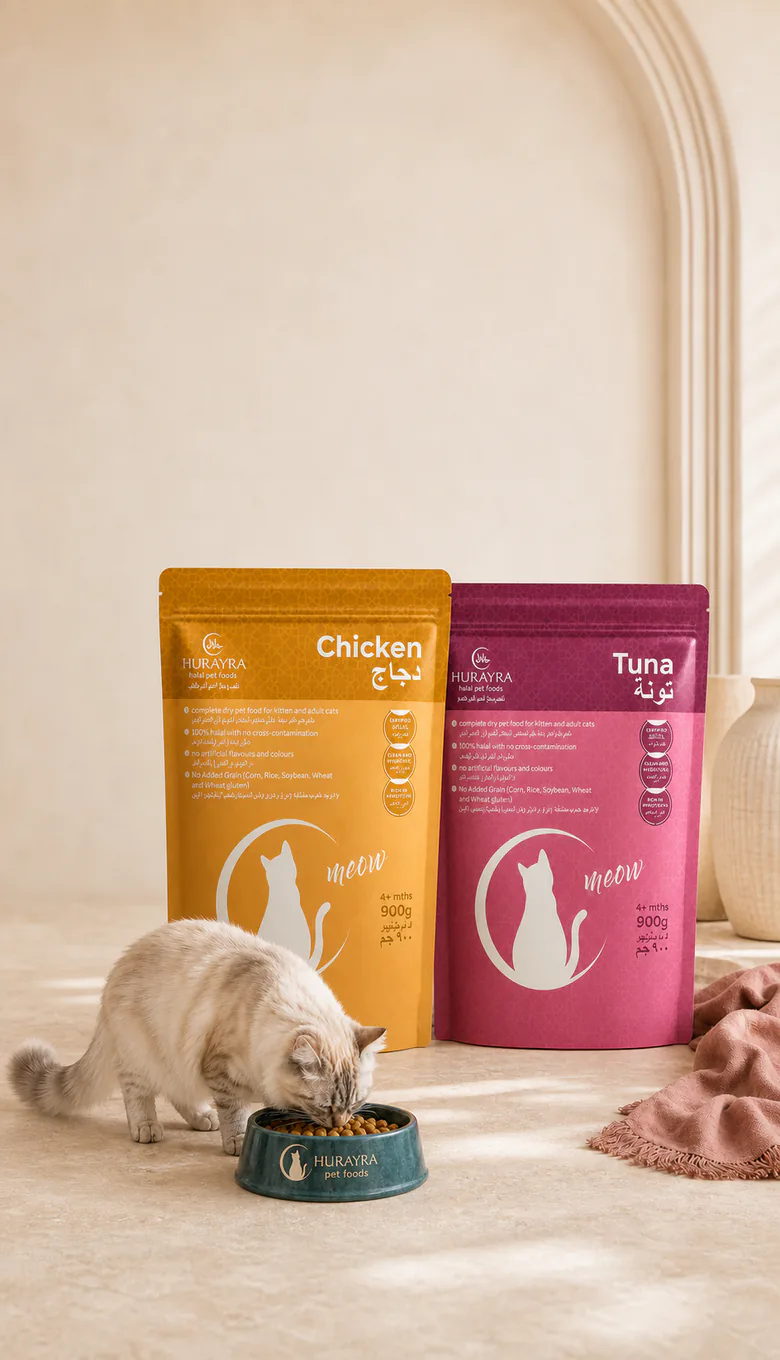 A Hurayra-branded bowl filled with premium halal cat food.
